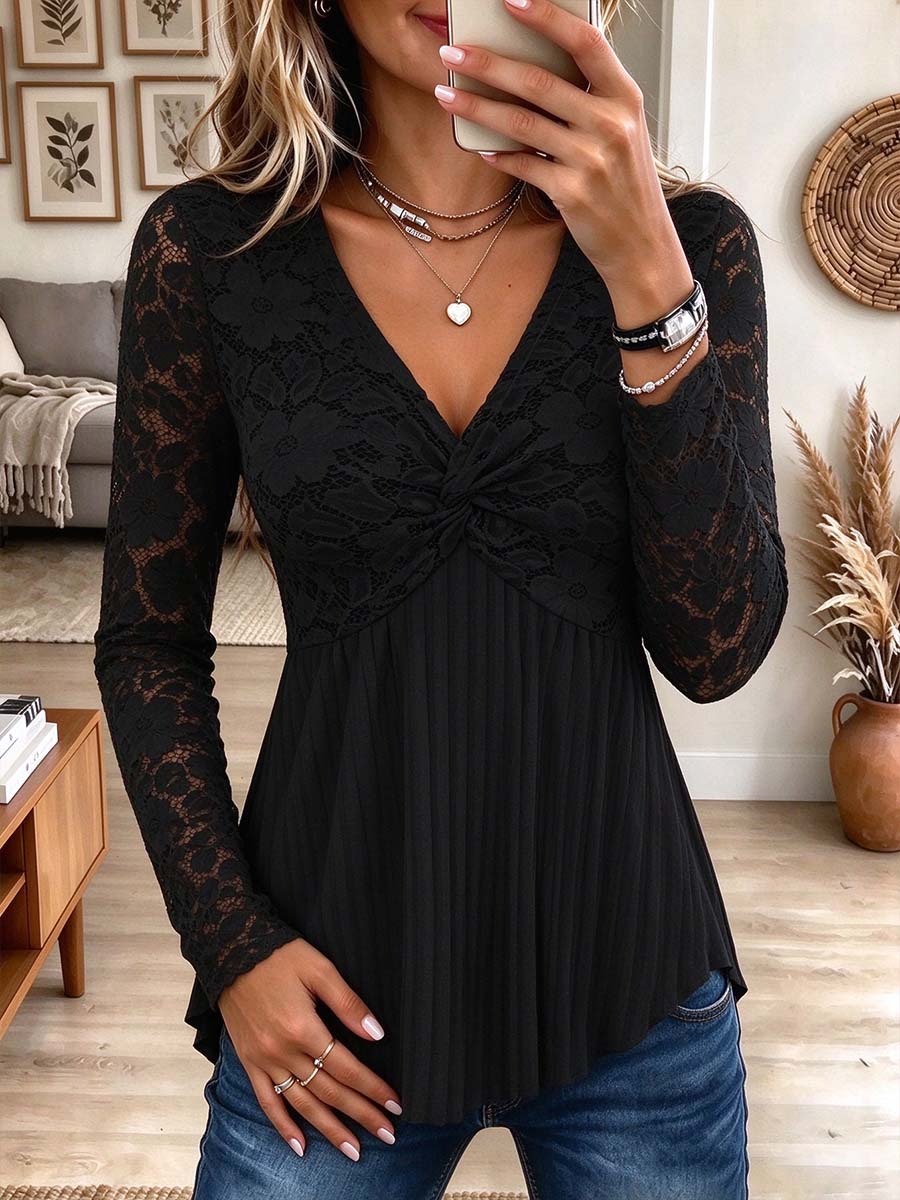 V-neck Lace Long Sleeve Twist-front Pleated Top