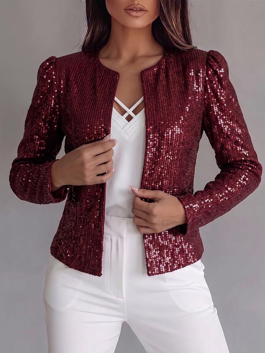 Women's Solid Color Round Neck Long Sleeve Casual Loose Sequin Cardigan
