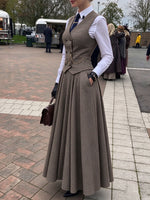 Vintage-style Wool-blend Plaid Vest And Long Skirt Two-piece Set