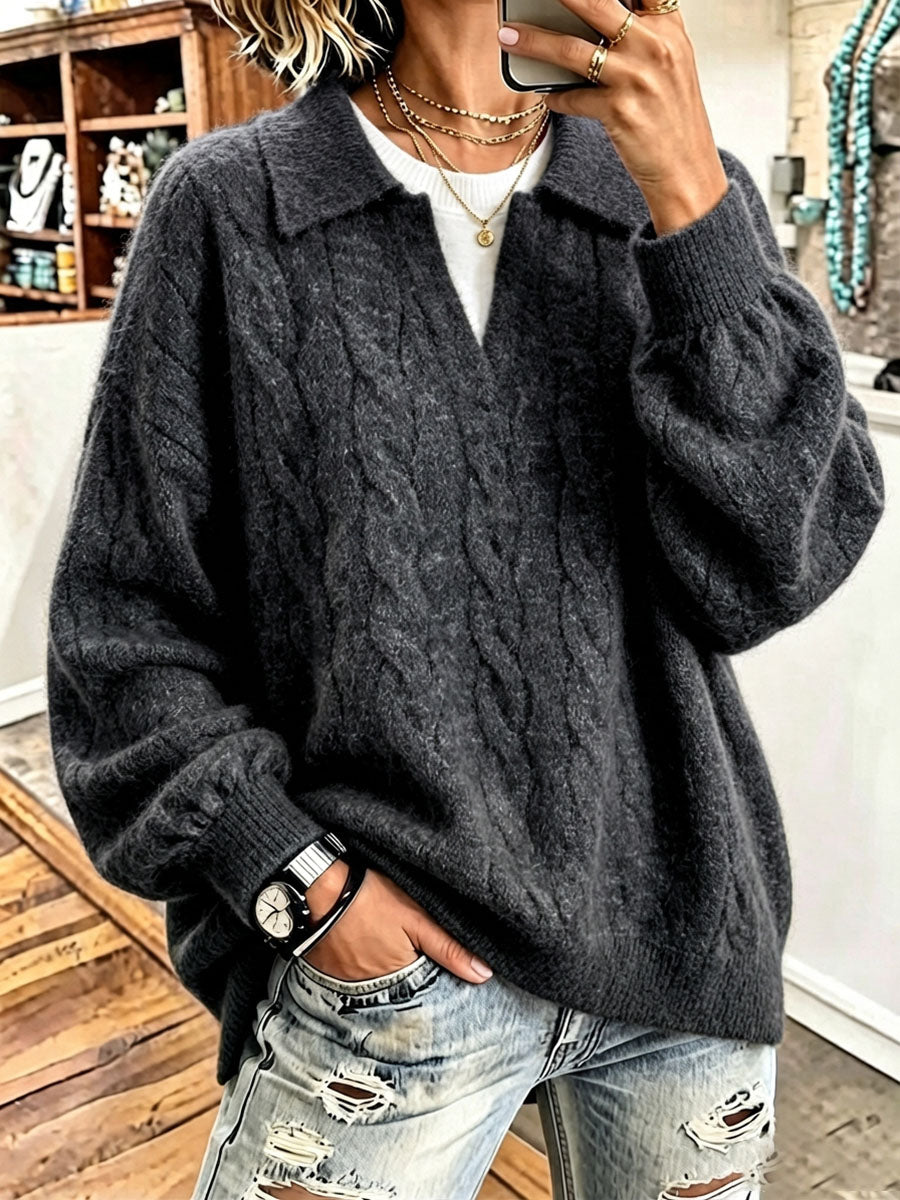 Cozy Polo Faux Two-piece Shirt Collar Cable Knit Sweater