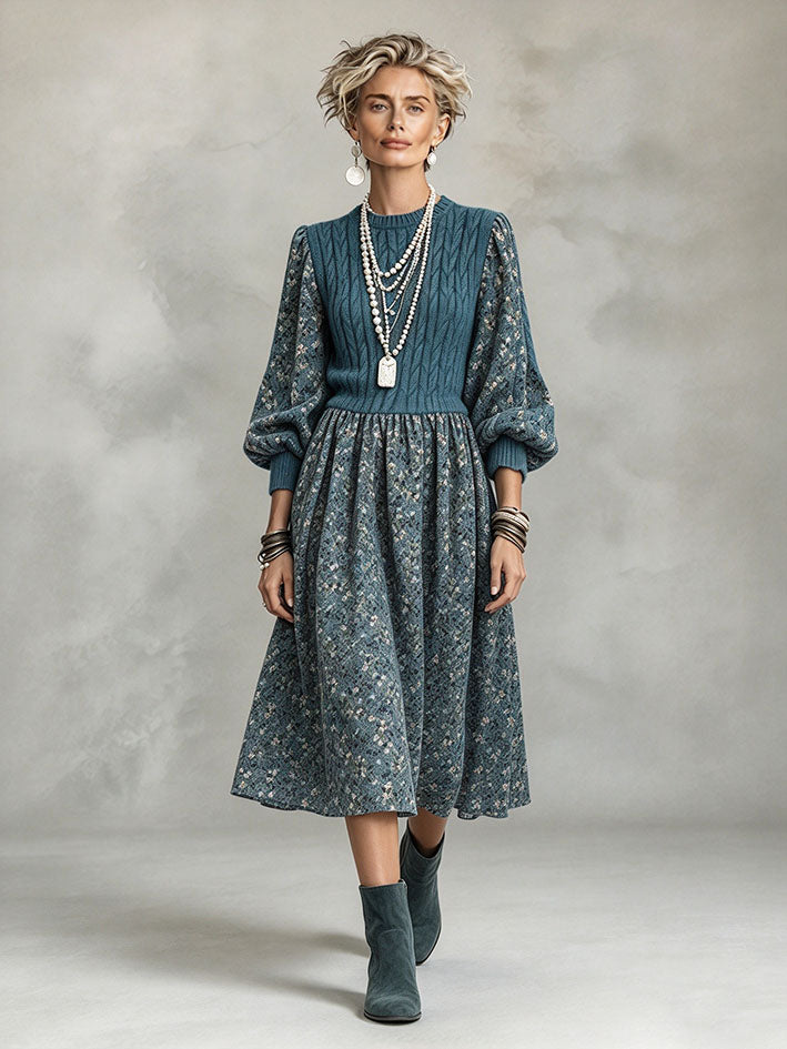 Elegant Stylish Blue Floral Patchwork Midi Dress