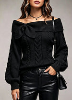Chic And Sweet Off-shoulder Cable-knit Sweater With Bow Detail