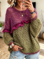 Chic Color-block Ruffled Mohair-blend Open-knit Sweater
