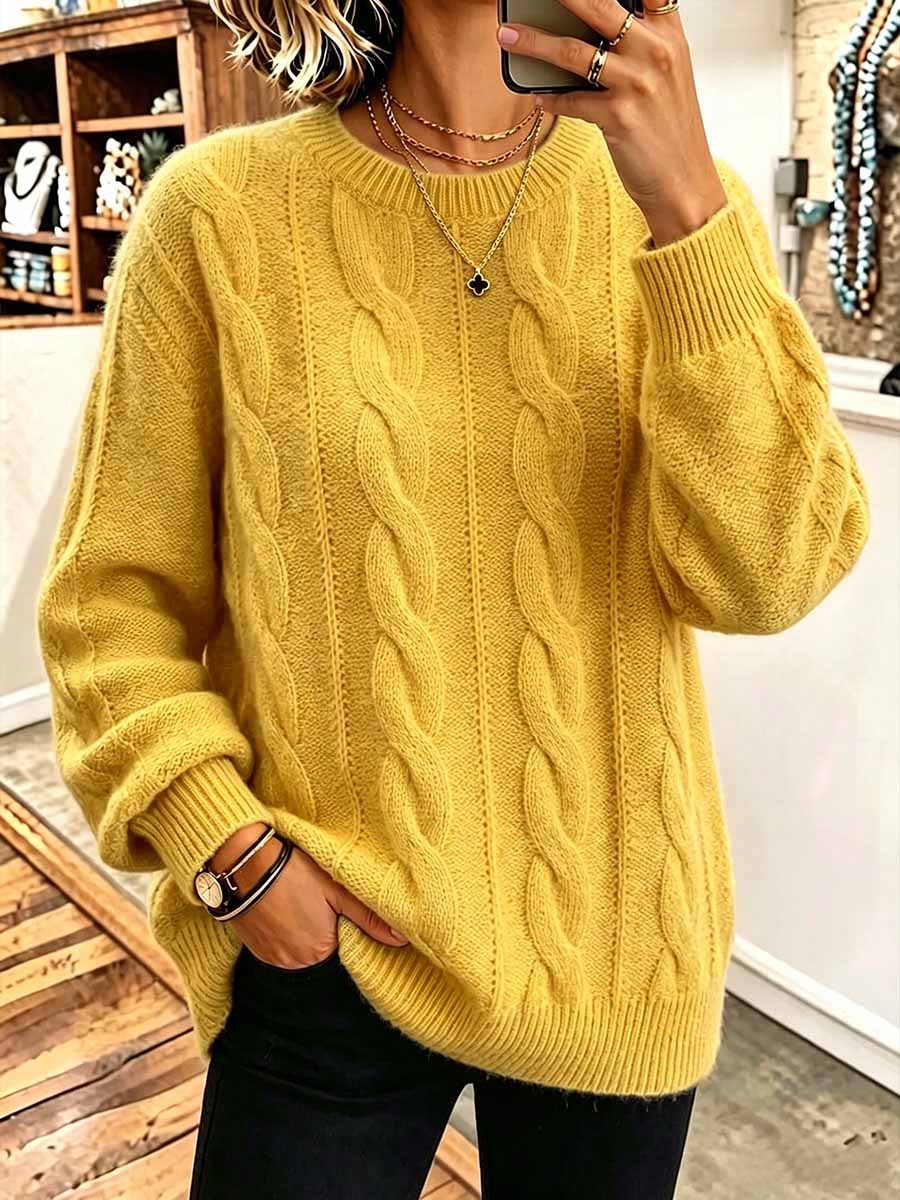 Women's Solid Color Round Neck Long Sleeve 3d Cable Knit Casual Loose Pullover Knit Sweater