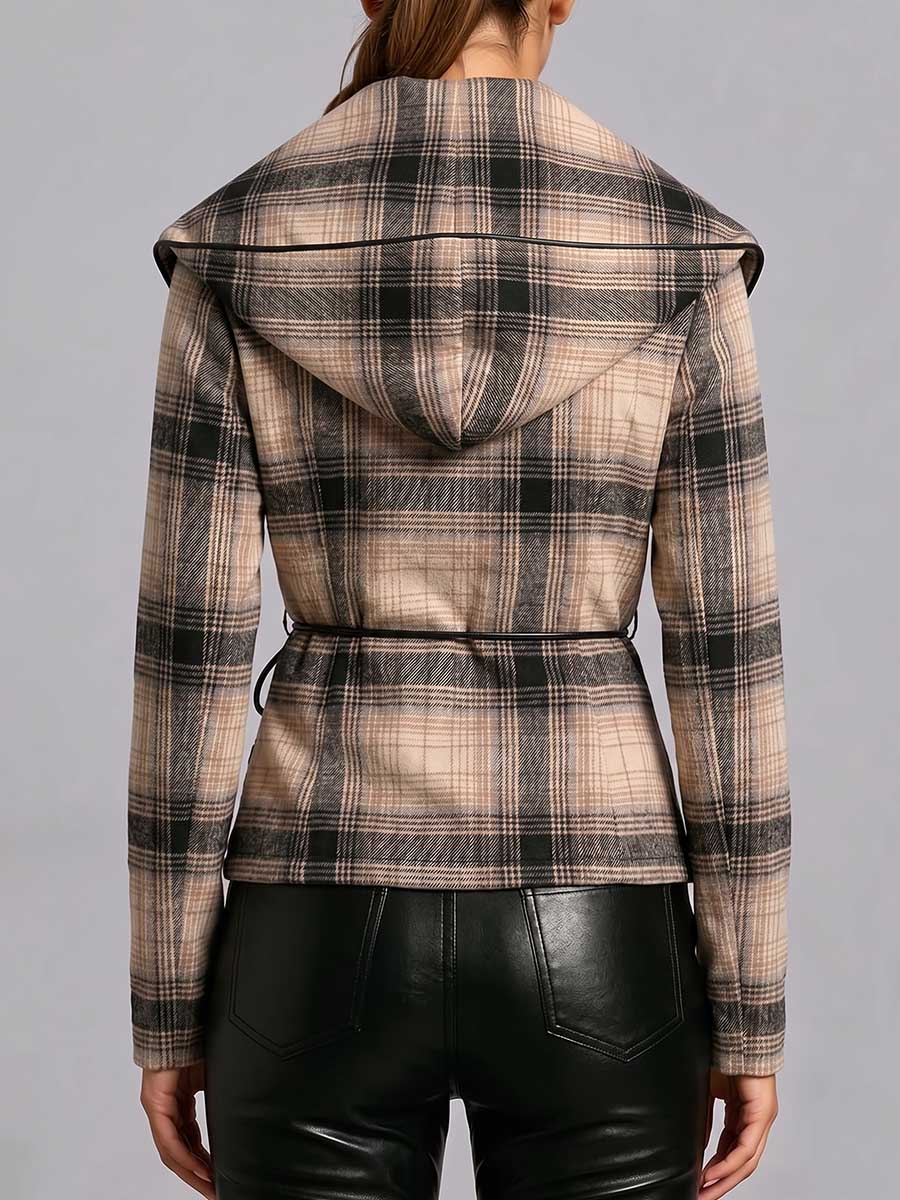 Women's Plaid Print V-neck Long-sleeved Casual Loose Hooded Cardigan