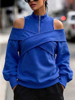 Crisscross-strap Off-shoulder Zip-up Sweatshirt