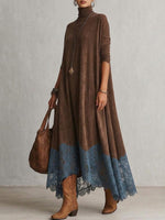 Women's Casual Loose-fit A-line Dress With Lace Paneling, High Neck, And Long Sleeves