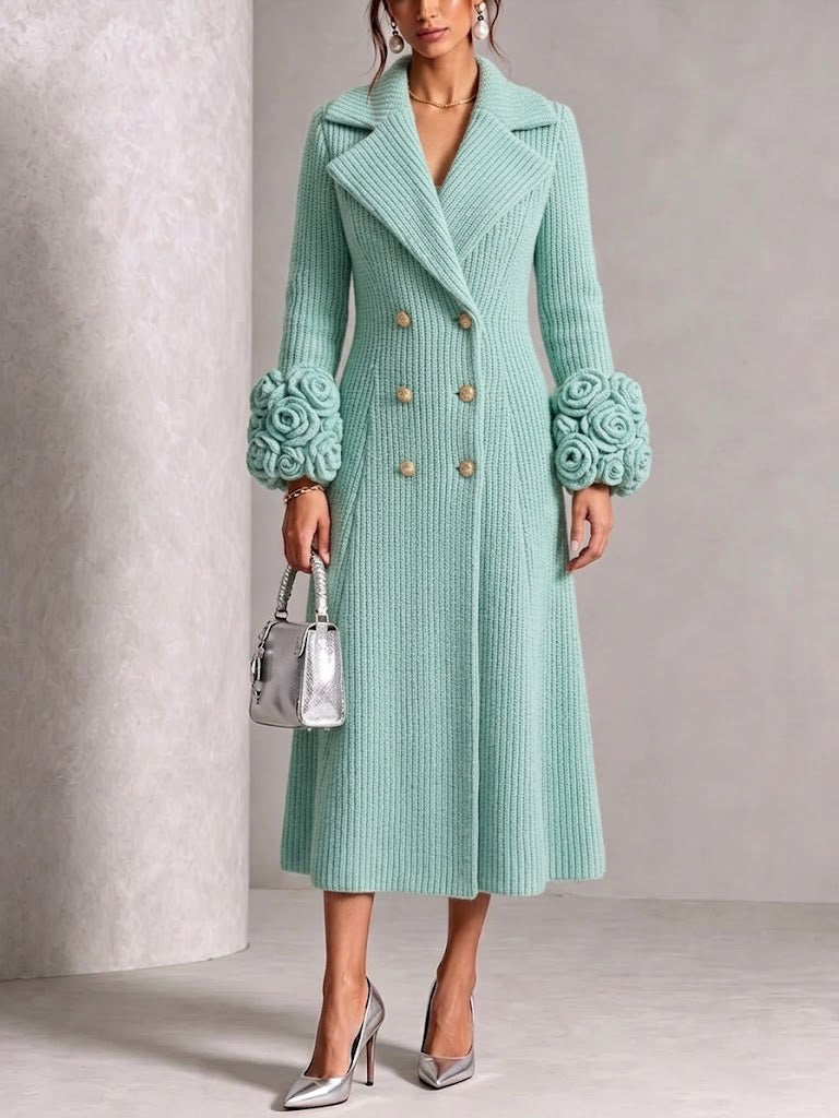 Double-breasted Knit Coat With 3d Rose Detailing On The Cuffs