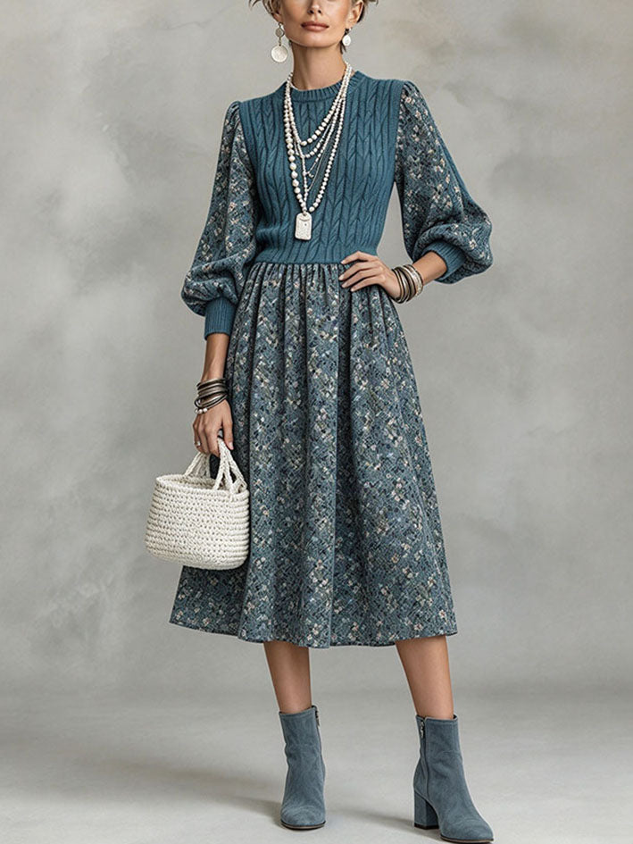Elegant Stylish Blue Floral Patchwork Midi Dress