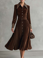 Vintage-style Leopard-print Paneled Velvet Pleated Midi Dress