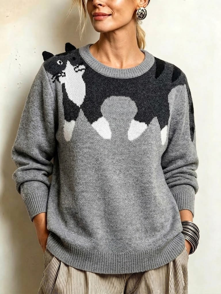 Loose-fit Crew-neck Knit Sweater With Cat Jacquard Pattern