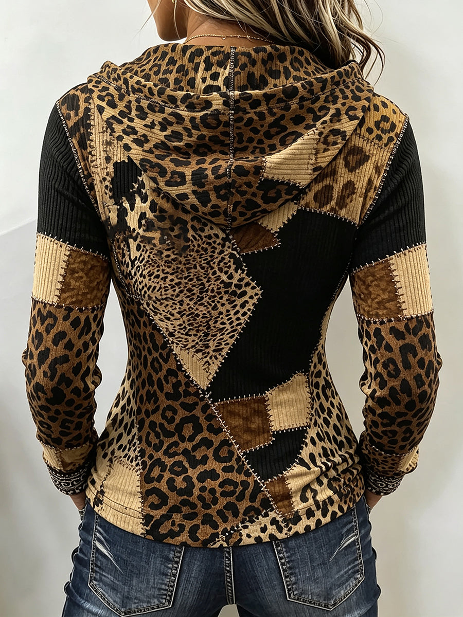 Chic Leopard Patchwork Zip-Up Hooded Knit Top