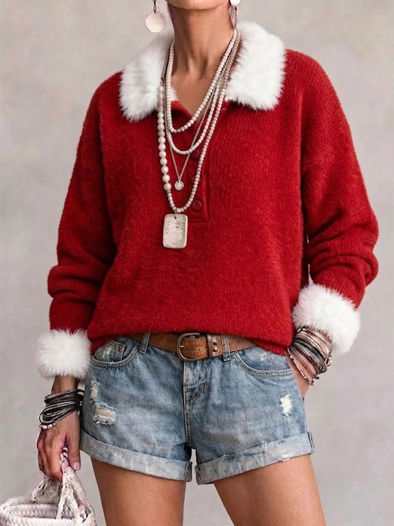 Plush-collar Half-placket Knit Sweater