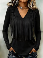 Women's Solid Color V-neck Long-sleeve Loose Casual Tassel Top