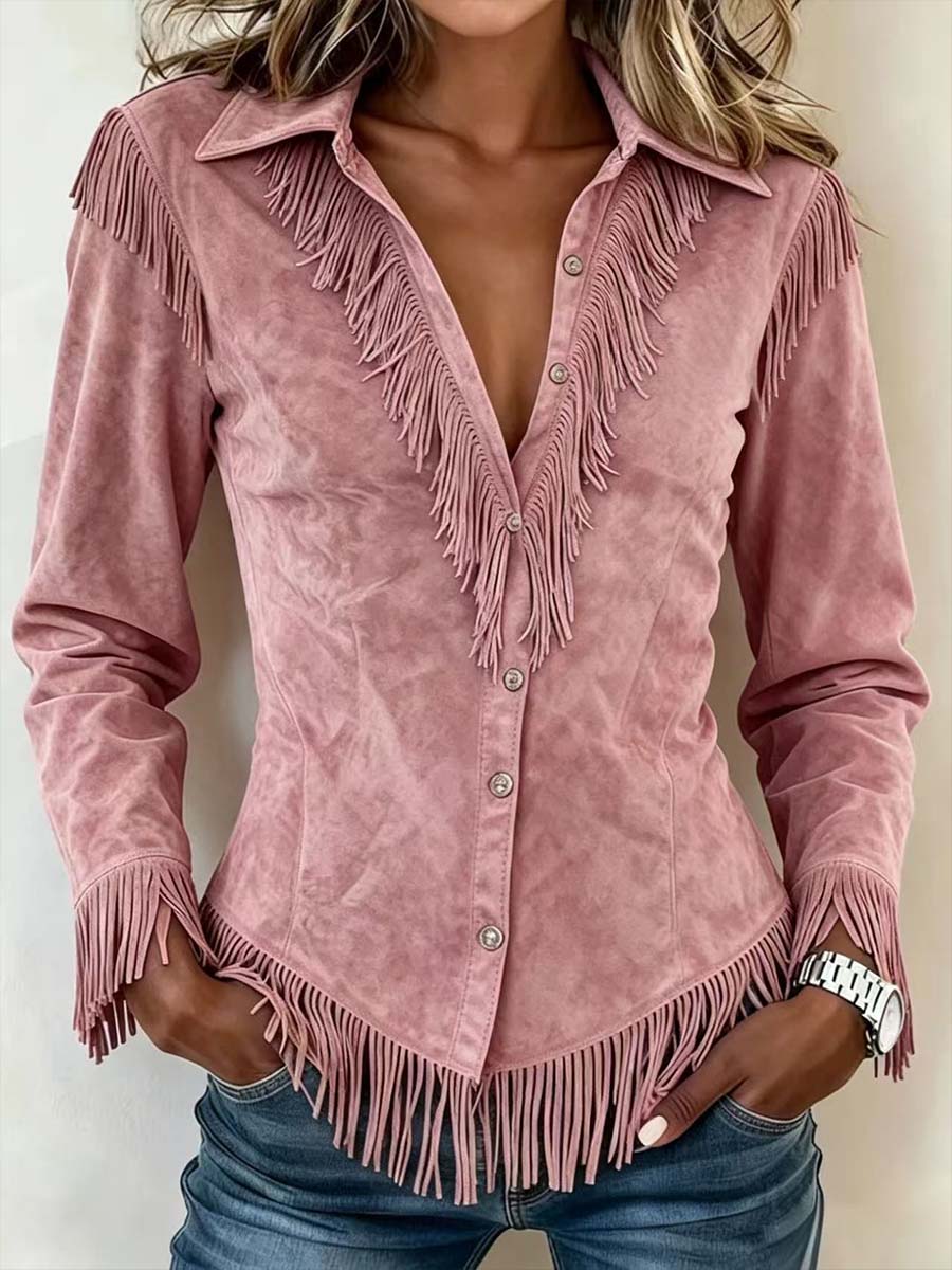 Women's Solid Color Collared Long-sleeved Casual Loose Faux Suede Tassel Shirt
