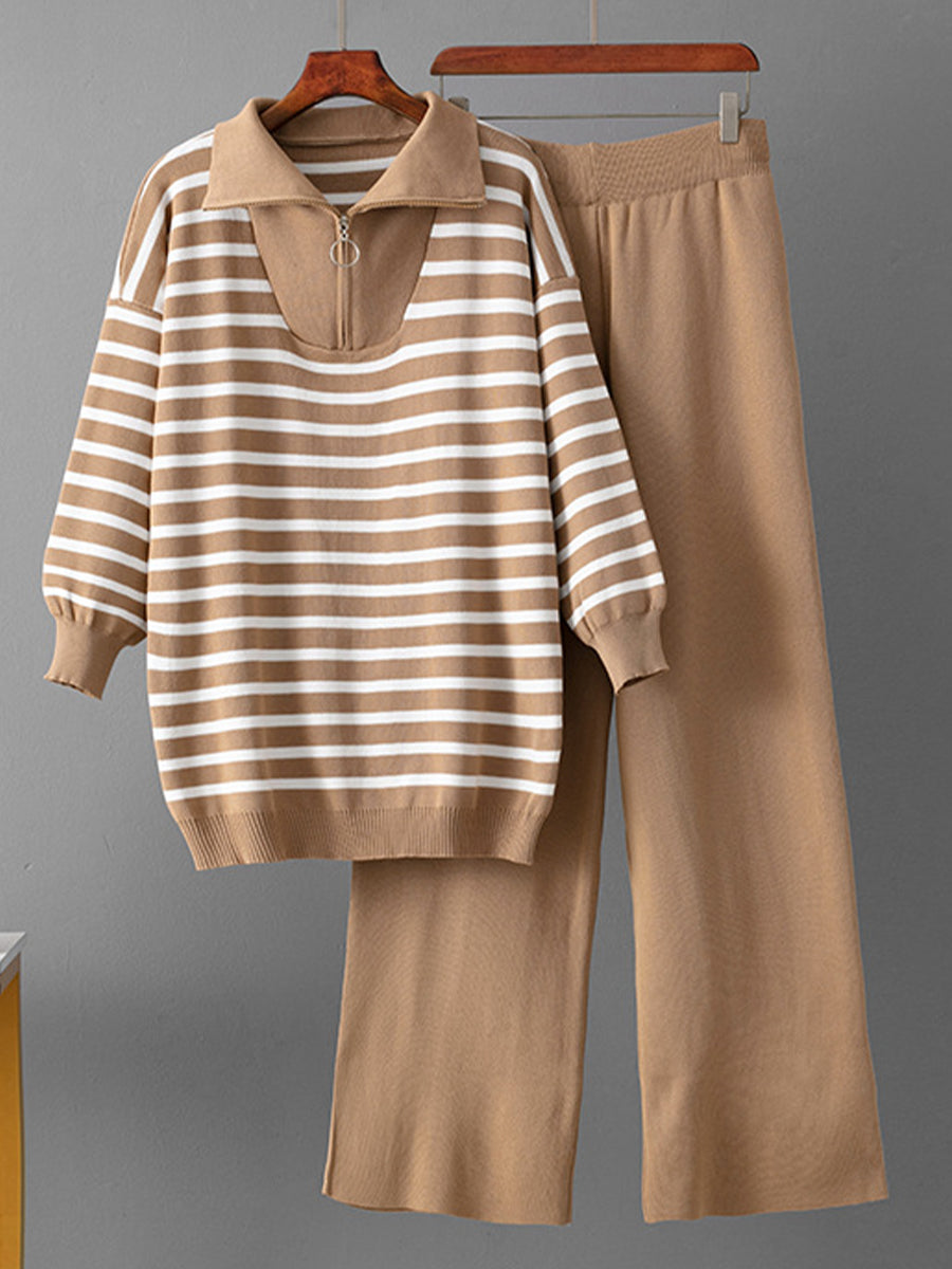 Cozy And Casual Two-piece Set Featuring A Striped Half-zip Knit Pullover And Solid-color Knit Trousers.