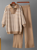 Cozy And Casual Two-piece Set Featuring A Striped Half-zip Knit Pullover And Solid-color Knit Trousers.
