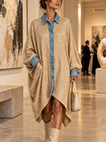 Long Shirt Dress Featuring A Patchwork Of Shimmering Metallic-thread Knit And Denim.