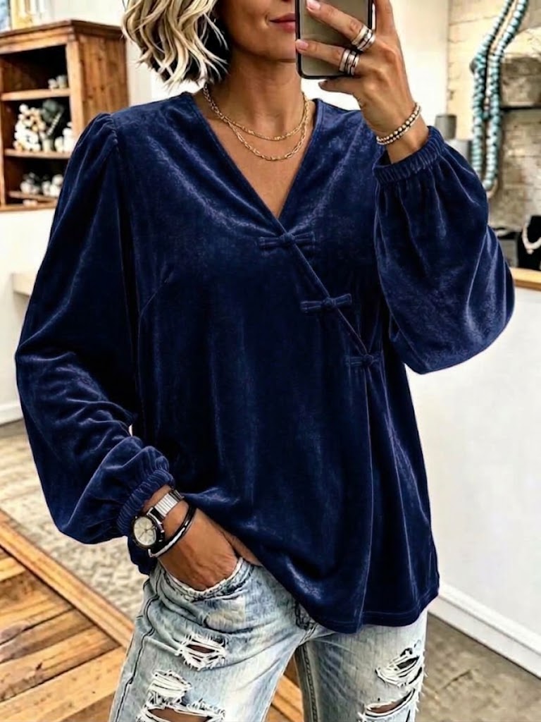 Velvet V-neck Top With Frog-closure Detailing And Long Puff Sleeves