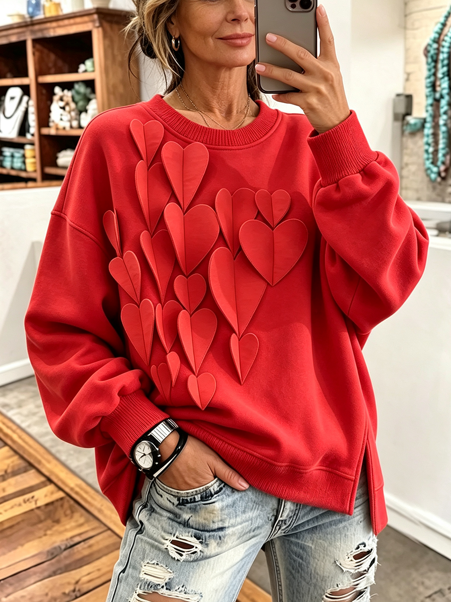 Cozy Stylish 3d Heart Red Oversized Sweatshirt