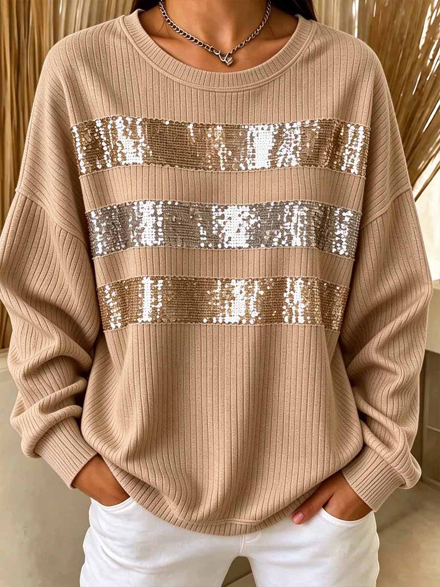 Women's Casual Crewneck Ribbed Top With Sequin Stripes