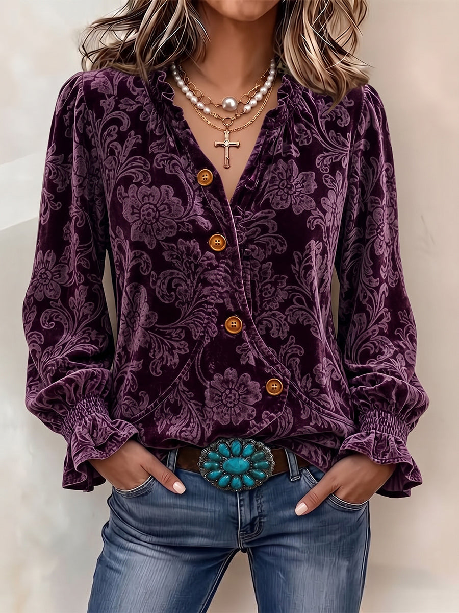 Luxurious Floral Velvet Button-Down Top
