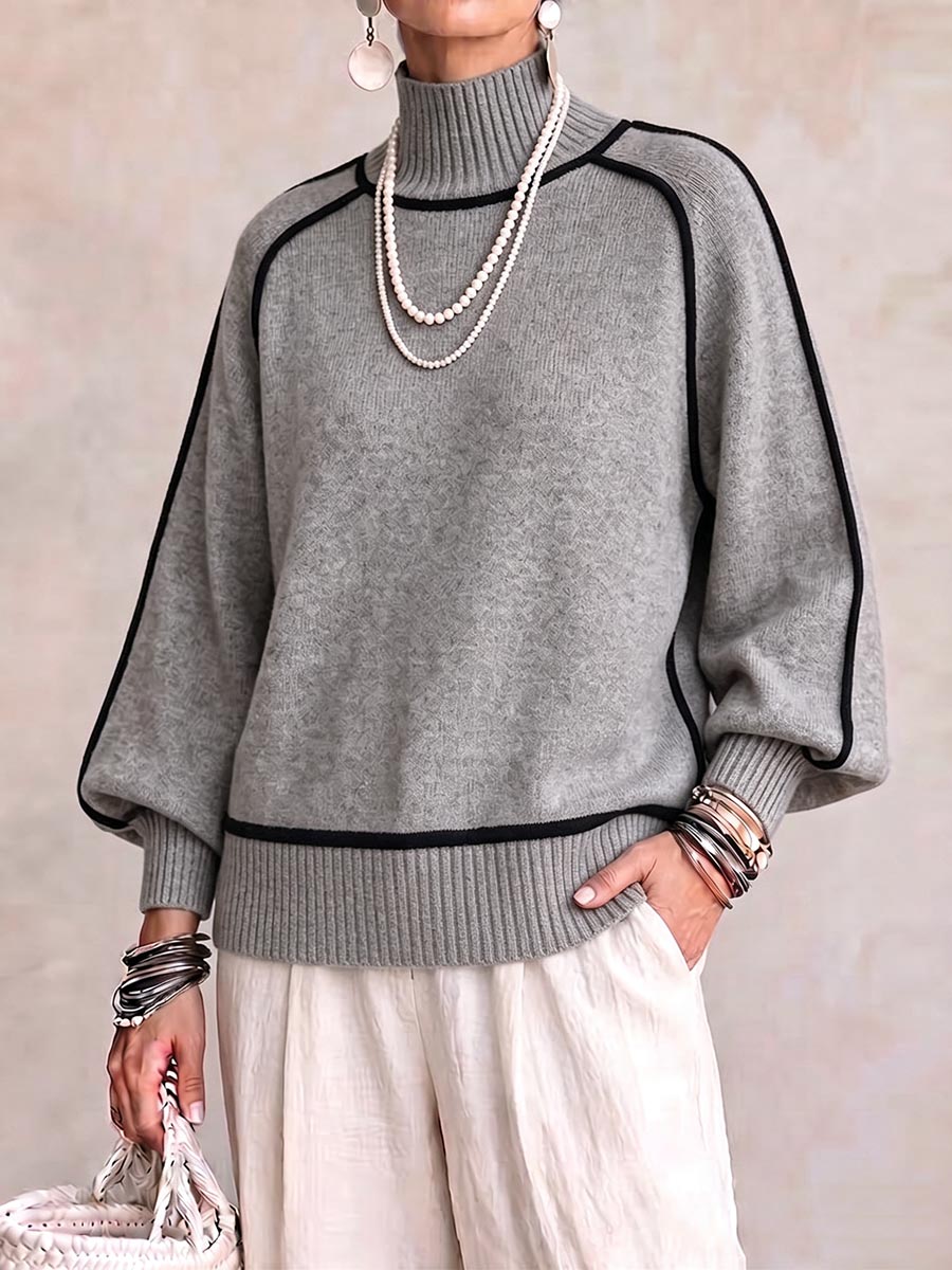 Women's High-neck Long-sleeved Casual Loose Color-blocked Pullover Knit Sweater