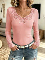 Women's Lace Trim V Neck Ribbed Long Sleeve Top, Floral Lace Slim Fit Elegant Blouse