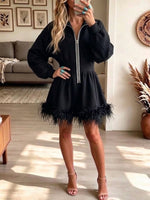 Half-zip, Waist-cinching Dress With A Feather Hem