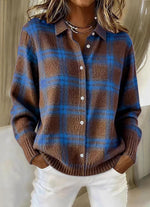 Casual Plaid Button-front Knit Cardigan With A Collar