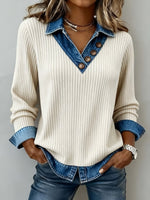 Casual Denim-paneled Ribbed Knit Pullover