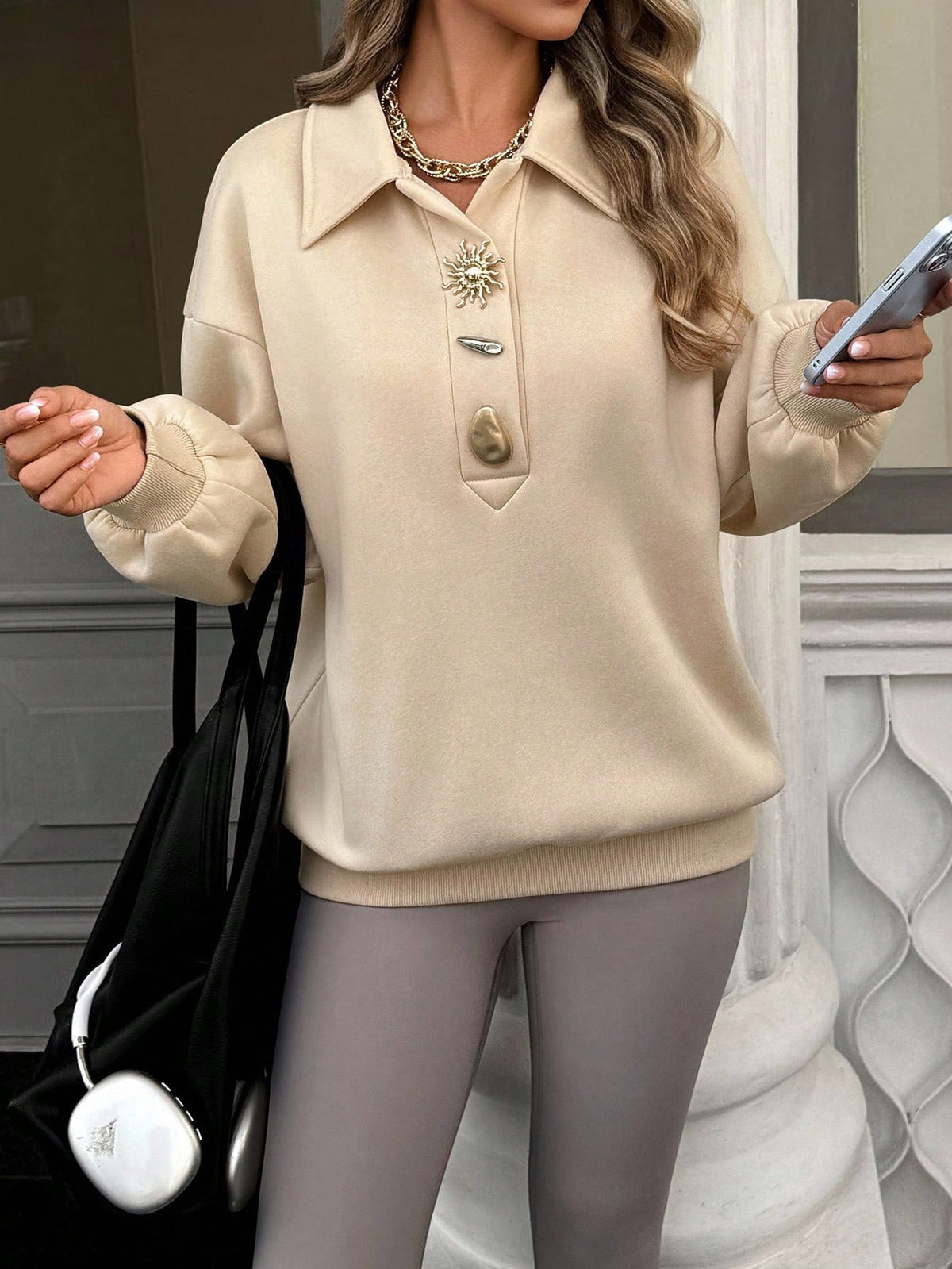 Chic Burgundy Buttoned Collared Sweatshirt