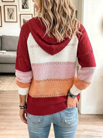 Women's Color-blocked V-neck Long-sleeved Casual Loose Hooded Knit Pullover