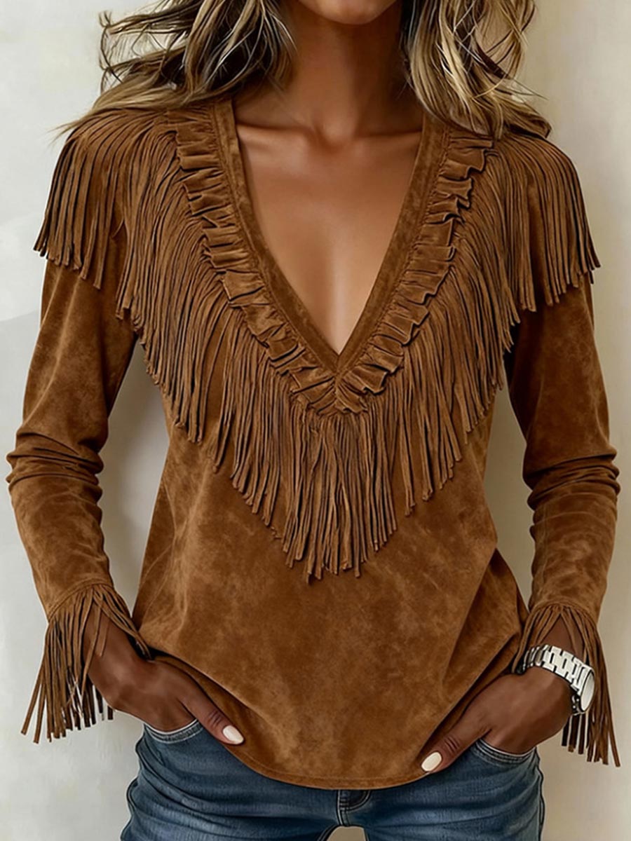 Women's Solid Color V-neck Long-sleeved Casual Loose Tassel Top