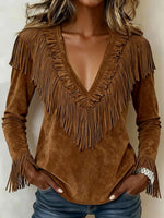 Women's Solid Color V-neck Long-sleeved Casual Loose Tassel Top