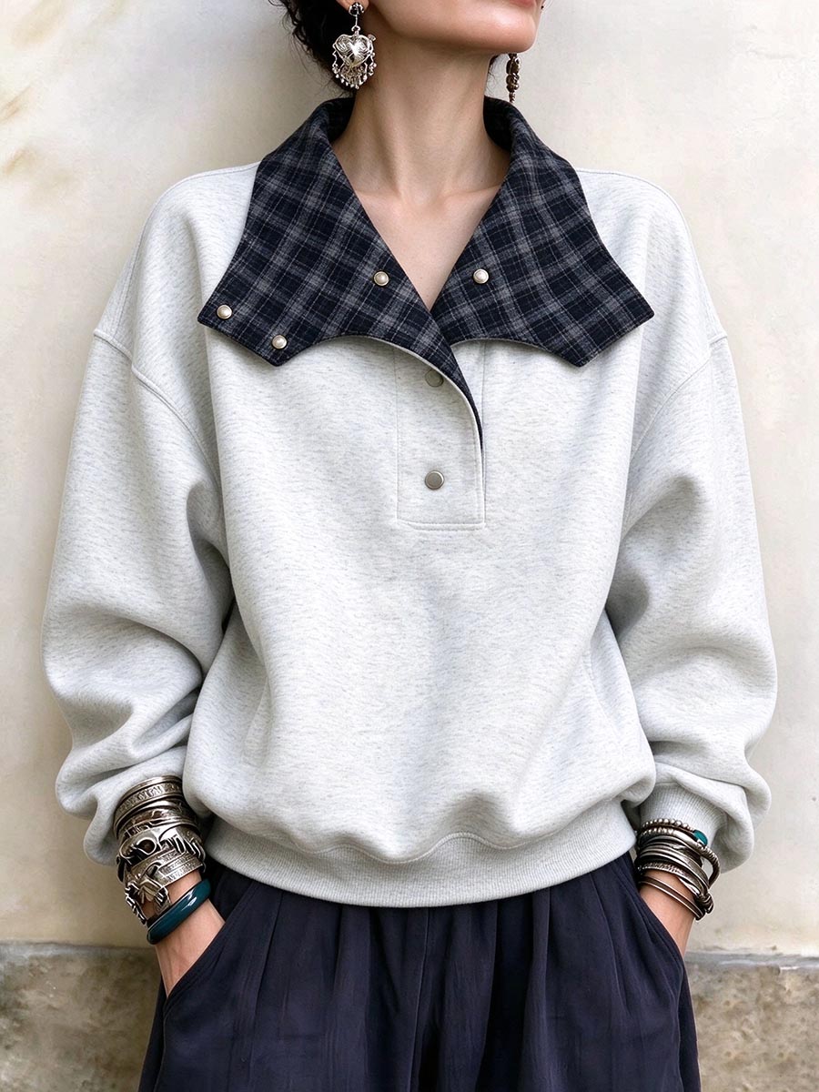 Women's Casual Grey Sweatshirt with Contrast Plaid Snap Collar