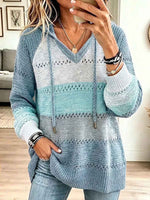 Women's Color-blocked V-neck Long-sleeved Casual Loose Knit Hooded Pullover