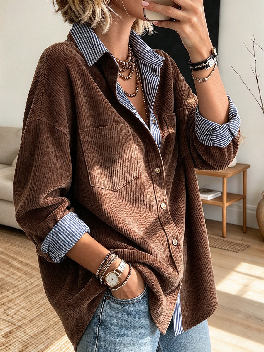 Casual Striped And Corduroy-paneled Shirt