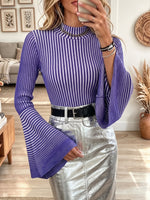 Elegant Striped Ribbed Bell-Sleeve Top