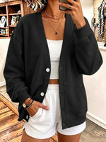 Women's Solid Color V-neck Long-sleeved Casual Loose Cotton Cardigan