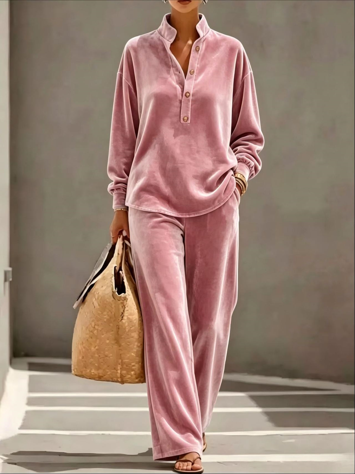 Loose And Cozy Velvet Two-piece Set (top And Pants)