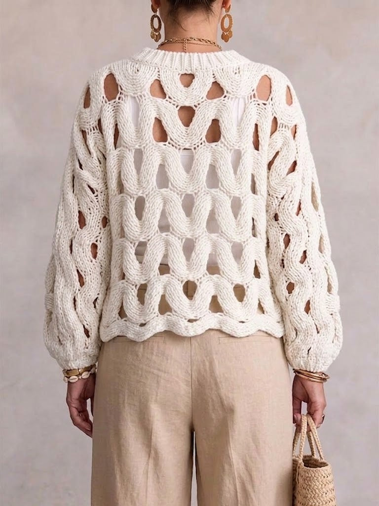 Wave-pattern Cutout Crochet Knit Sweater With A Round Neck And Lantern Sleeves