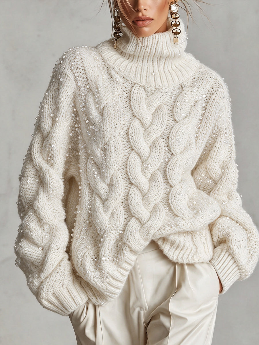 Cozy And Warm Sequined Cable-knit Turtleneck Sweater