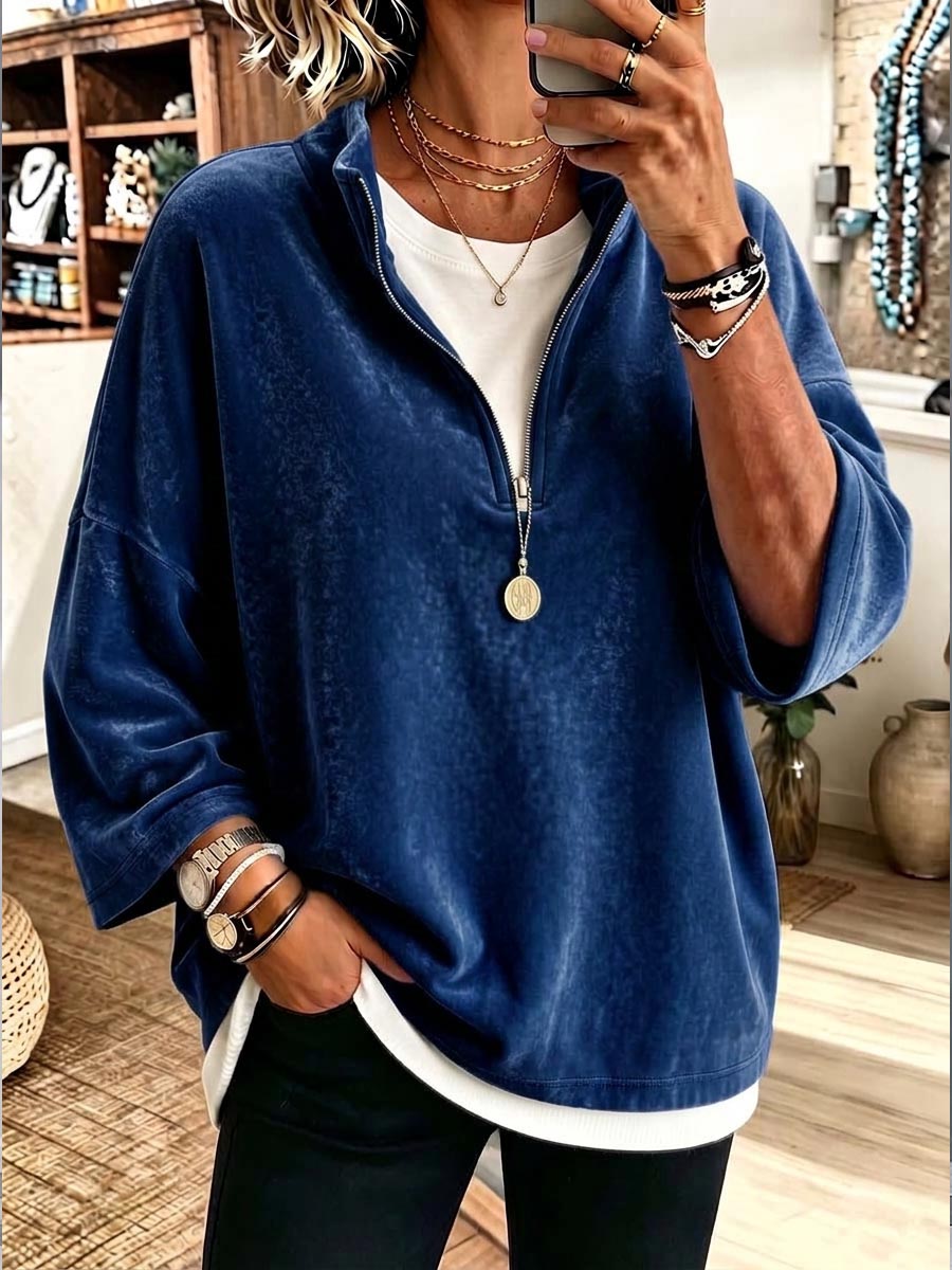 Women's Solid Color Stand Collar 3/4 Sleeve Casual Loose Velvet Pullover Top
