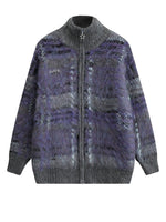 Checkered Plush Mohair-blend Zip-up Cardigan