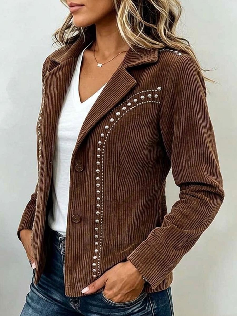 Women's Solid Color Long-sleeve Corduroy Jacket With Studs, Lapel, And Loose Casual Fit