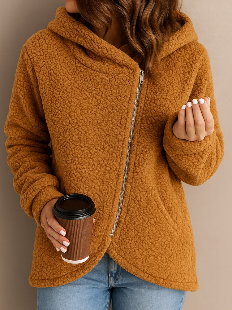 Casual Faux-shearling Hooded Jacket With Diagonal Zipper