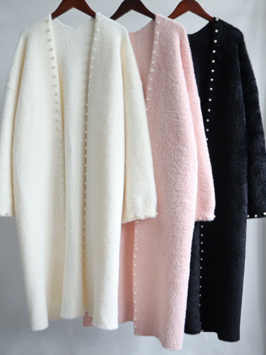 Casual Oversized Long Plush Knit Cardigan With Pearl Embellishments