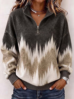 Women's Stand-collar Long-sleeve Loose-fit Abstract Print Knit Pullover
