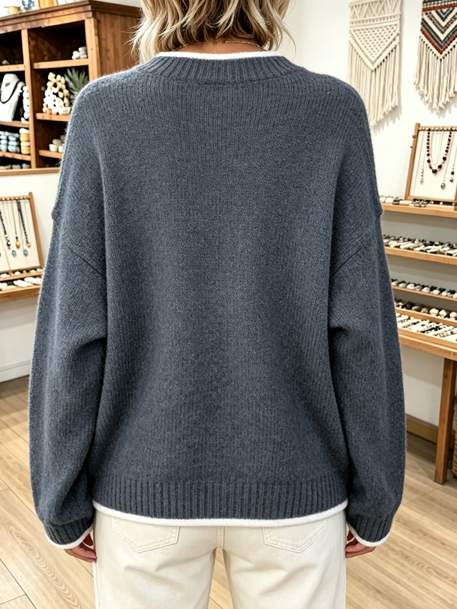 Chic Casual White Piping Trim Oversized V-neck Sweater